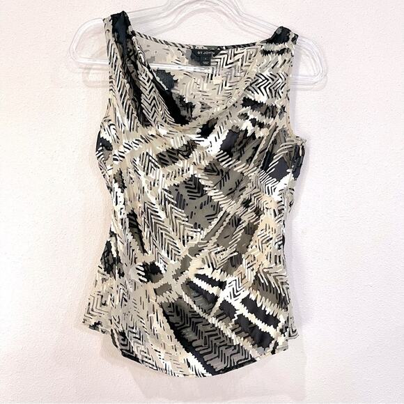 St. John Sheer Lined Silk Blend Draped Neck Sleeveless Cami Black Cream Top - S - Picture 13 of 13